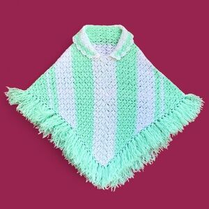 Handmade pastel mint green white crochet poncho with fringe
